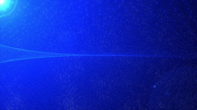 Glittering blue small particle waves zoom in background. Amazing blue dust animation background