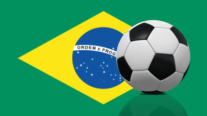 Realistic soccer ball on Brazil flag background.