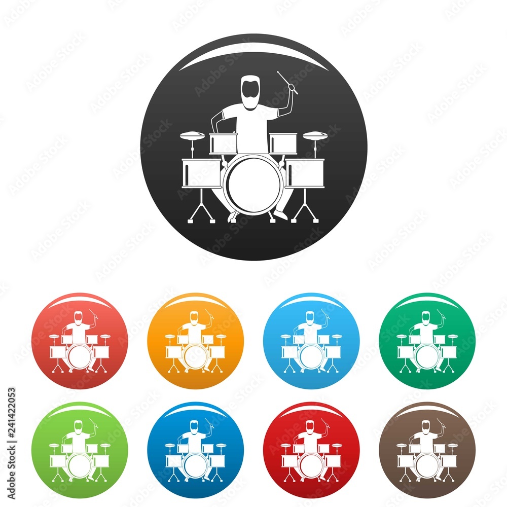 Poster man at drums icons set 9 color vector isolated on white for any design