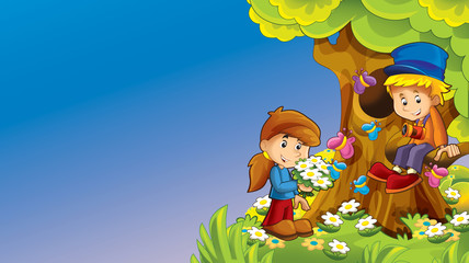 Fototapeta premium cartoon autumn nature background with kids having fun with space for text - illustration for children