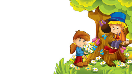 cartoon autumn nature background with kids having fun with space for text - illustration for children
