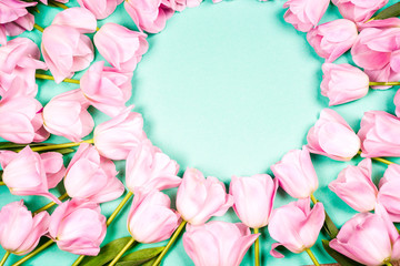 spring flowers banner - bunch of pink tulip flowers on blue sky background.