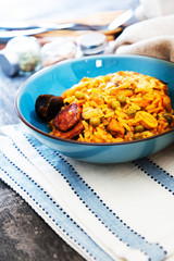 Prawn with rice - closeup of prawn with rice - traditionnal spanish food paella