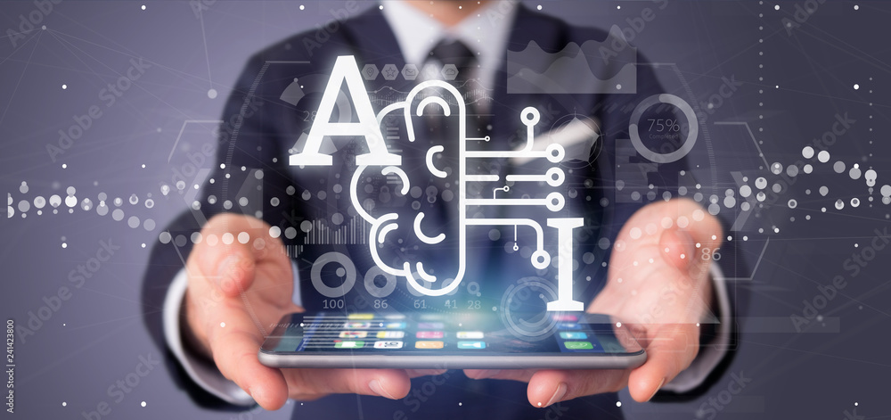 Poster business man holding artificial intelligence icon with half brain and half circuit 3d rendering