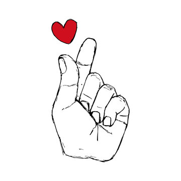 Korean fingers symbol - i love you. Hand drawn St. Valentine red heart sign. Hangul Korea Vector illustration