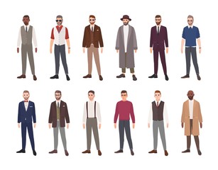 Collection of handsome men dressed in elegant clothes isolated on white background. Bundle of young men wearing stylish apparel. Collection of evening and formal outfits. Flat vector illustration.