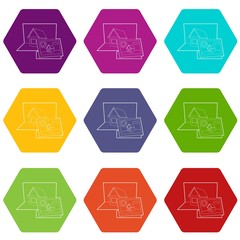 Film frame icons 9 set coloful isolated on white for web