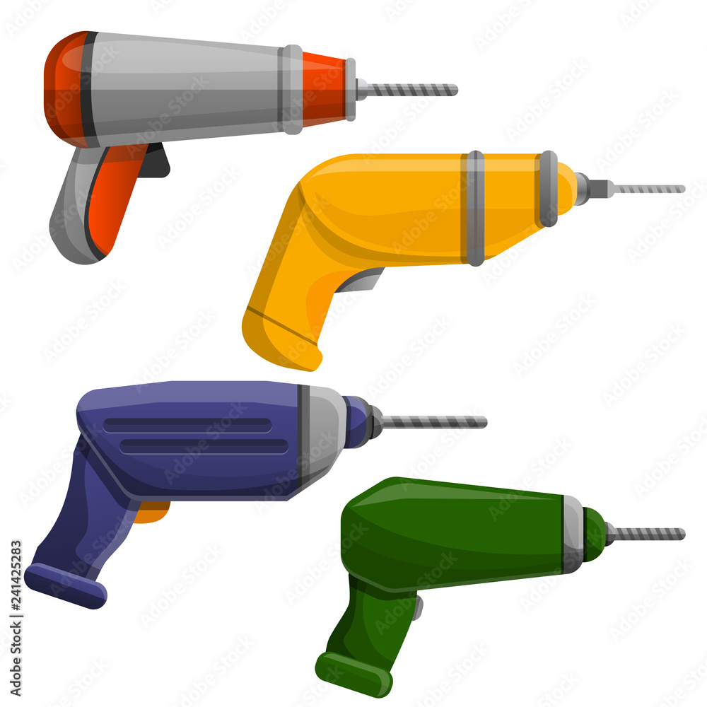 Poster drilling machine icon set. cartoon set of drilling machine vector icons for web design