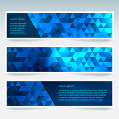 Horizontal banners set with blue polygonal triangles. Polygon background, vector illustration