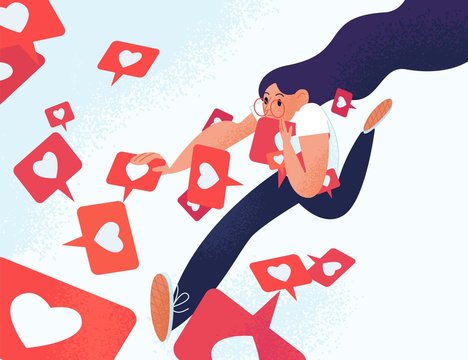 Young woman running and grabbing like notifications. Girl addicted to social media and online feedback. Addiction to internet approval and validation. Vector illustration in flat cartoon style.