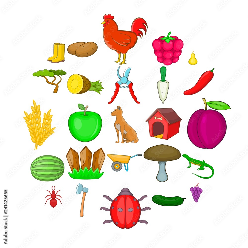 Poster ranch icons set. cartoon set of 25 ranch vector icons for web isolated on white background