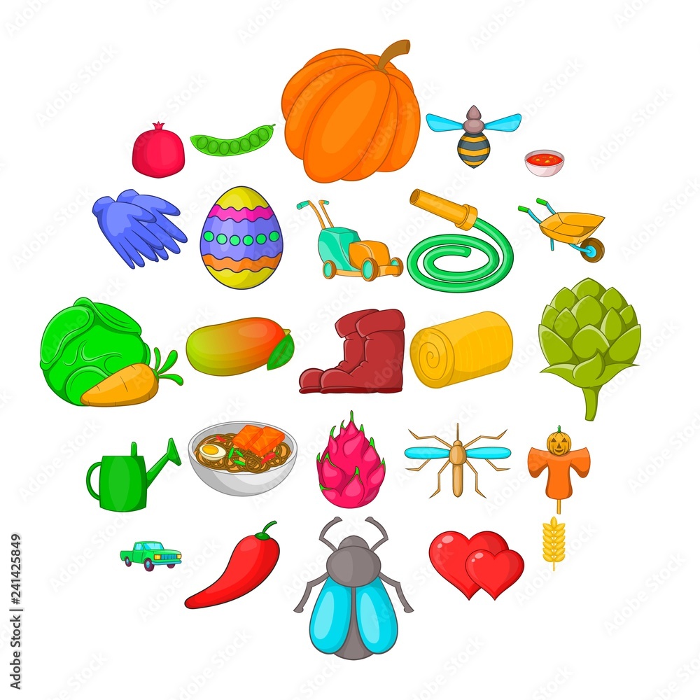 Poster large scale farming icons set. cartoon set of 25 large scale farming vector icons for web isolated o