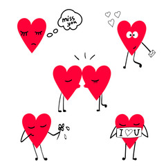 Funny red hearts do different actions, isolated over white background. Picture for Saint Valentine day. Love concept. Be my valentine