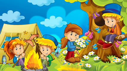 cartoon autumn nature background in the mountains with kids having fun camping with tent with space for text - illustration for children