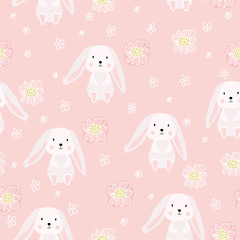 Seamless pattern with cute Bunny and spring flowers on pink background. For printing on children's clothes. Hand-drawn.