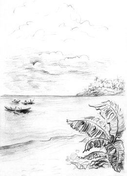 Sea tropical landscape with palm trees, clouds on the sky and boats in the distance. Pencil drawing illustration