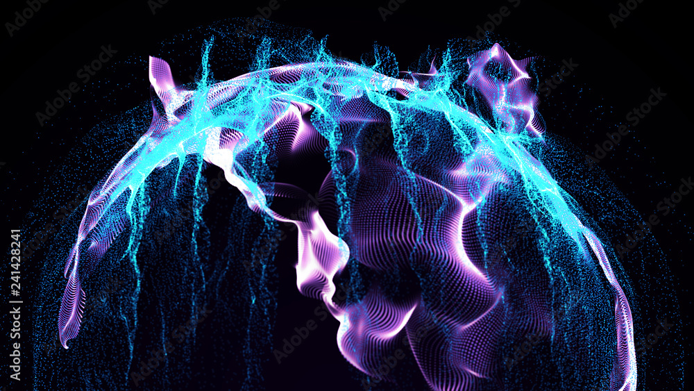 Poster Imitation an abstract wave on dark background. Network Design with Particle. Big data. Abstract bright shine in black space. 3D rendering .