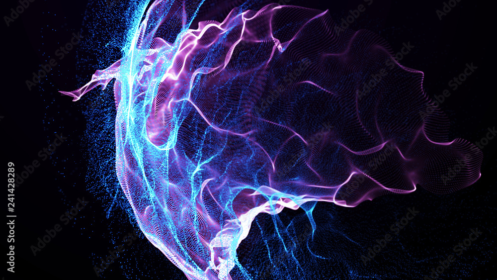 Poster Imitation an abstract wave on dark background. Network Design with Particle. Big data. Abstract bright shine in black space. 3D rendering .