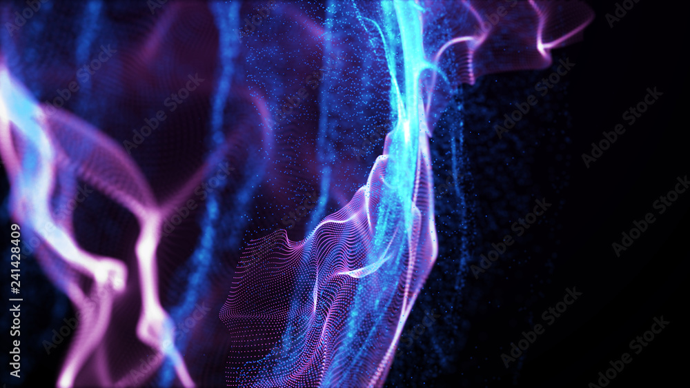 Poster Imitation an abstract wave on dark background. Network Design with Particle. Big data. Abstract bright shine in black space. 3D rendering .