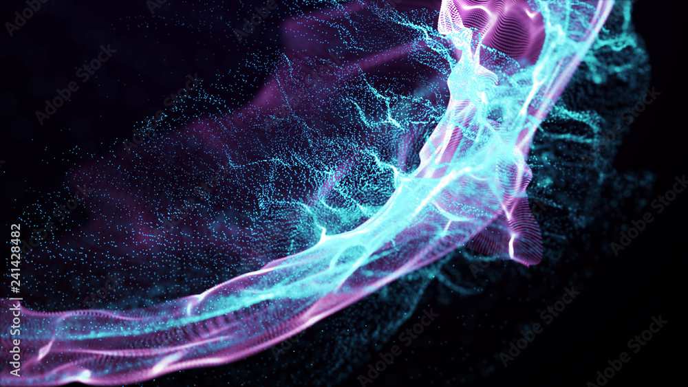 Poster Imitation an abstract wave on dark background. Network Design with Particle. Big data. Abstract bright shine in black space. 3D rendering .