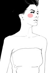Young beautiful woman fashion-illustration watercolour draw portrait 