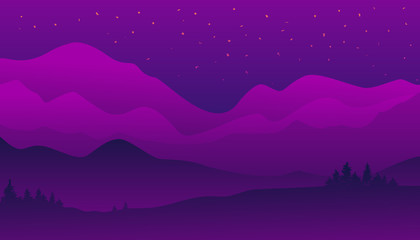 Fototapeta na wymiar Landscape background, beautiful view, nature panorama, night stars sky, mountains forest and hills. Vector illustration
