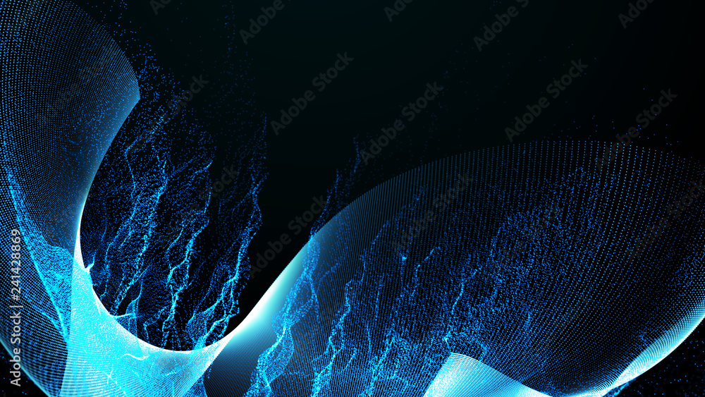 Poster imitation an abstract wave on dark background. network design with particle. big data. abstract brig
