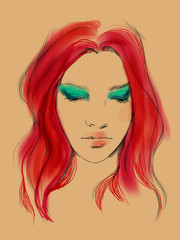 Obraz premium Young beautiful woman fashion-illustration watercolour draw portrait 