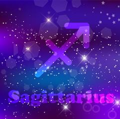Sagittarius Zodiac sign on a cosmic purple background with sparkling stars and nebula.