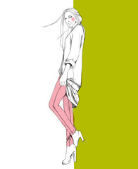 Young beautiful woman fashion-illustration watercolour draw portrait