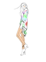 Young beautiful woman fashion-illustration watercolour draw portrait