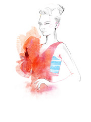 Young beautiful woman fashion-illustration watercolour draw portrait