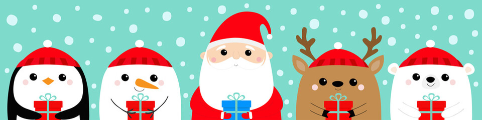 Santa Claus White bear Snowman Raindeer Deer Penguin bird face icon set. Holding gift box. Merry Christmas. New Year. Cute cartoon funny kawaii baby character. Flat design Blue snow background.