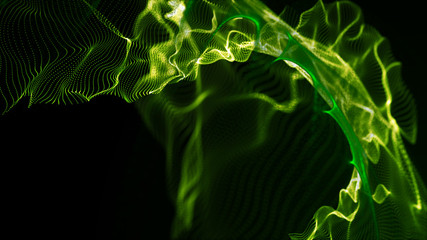 Imitation an abstract wave on dark background. Network Design with Particle. Big data. Abstract bright shine in black space. 3D rendering .