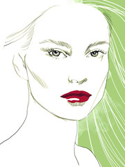 Young beautiful woman fashion-illustration watercolour draw portrait