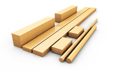 Sliced Lumber from the log. 3d illustration Stack of wooden bars
