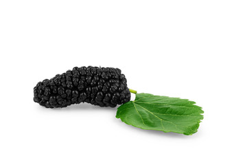 Ripe mulberry with a leaf on a white background