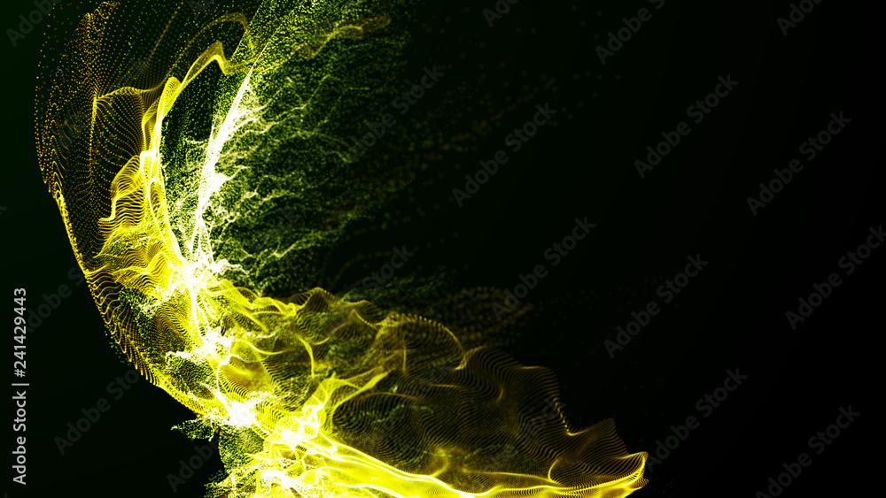 Poster imitation an abstract wave on dark background. network design with particle. big data. abstract brig