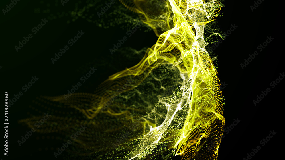 Poster imitation an abstract wave on dark background. network design with particle. big data. abstract brig