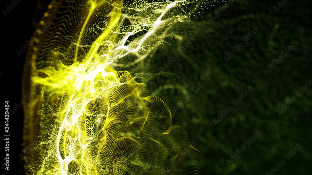 Poster imitation an abstract wave on dark background. network design with particle. big data. abstract brig
