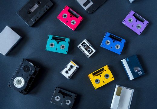 Minidv, DV,  microcassette, Audio cassette tapes. Isolated on black