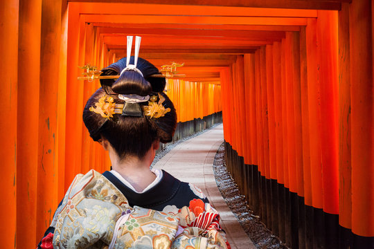 Woman in traditional kimono walking at torii gates, Japan
