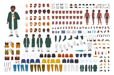 Fat African American man constructor set or DIY kit. Bundle of flat cartoon character body parts, postures, gestures, clothes isolated on white background. Front, side, back view. Vector illustration.