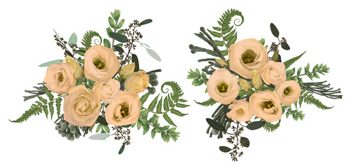 Obraz premium Vector floral bouquet design set, green forest leaf, brunia, fern, branches boxwood, buxus, eucalyptus and flowers eustoma cream. Watercolor style, herbs. Wedding for invite card Isolated