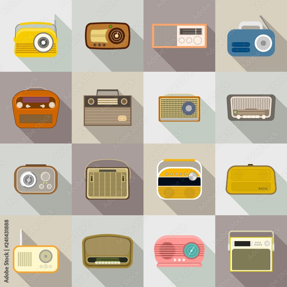 Poster radio icon set. flat set of radio vector icons for web design