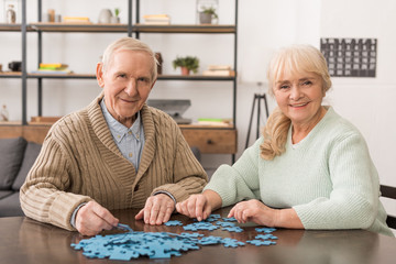cheerful senior couple smiling and playing puzzles at home