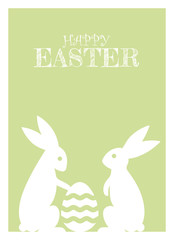 Green happy Easter greeting card with bunnies and egg