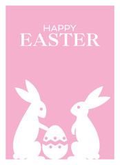 Pink happy Easter greeting card with bunnies and egg