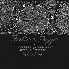 Vector Italian pizza top view banner. Hand drawn vintage illustrations on chalk board. Italian Food design template. Can be use for menu, packaging, adversiting for caffe, restaurant, pizzeria