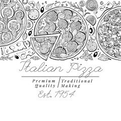 Vector Italian pizza top view banner. Hand drawn vintage illustrations. Italian Food design template. Can be use for menu, packaging, adversiting for caffe, restaurant, pizzeria - obrazy, fototapety, plakaty